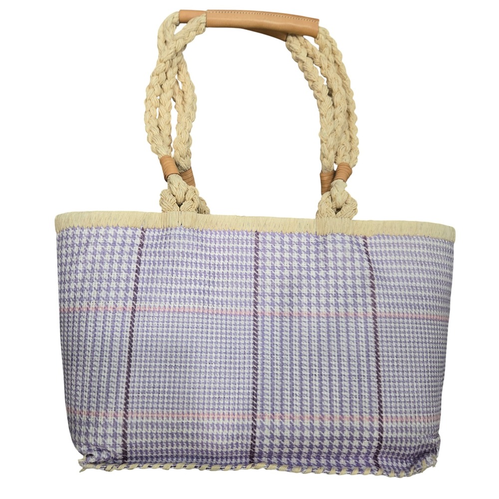 Lauren Ralph Lauren Purple‎ Houndstooth Straw Tote Bag Braided Rope Resortwear